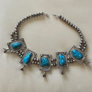 Sterling silver and turquoise Navajo Native American squash blossom choker, 21”
